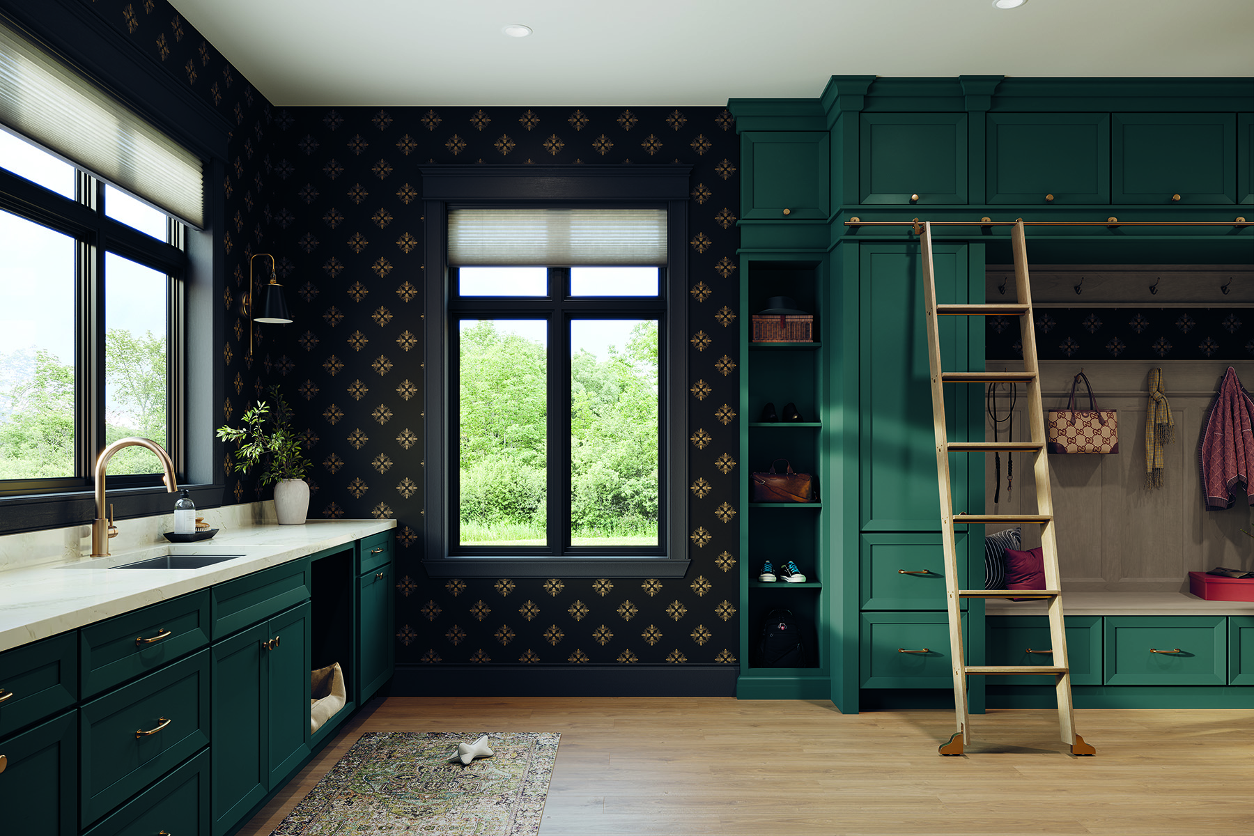 Blue-green built-in cabinets with a rolling ladder