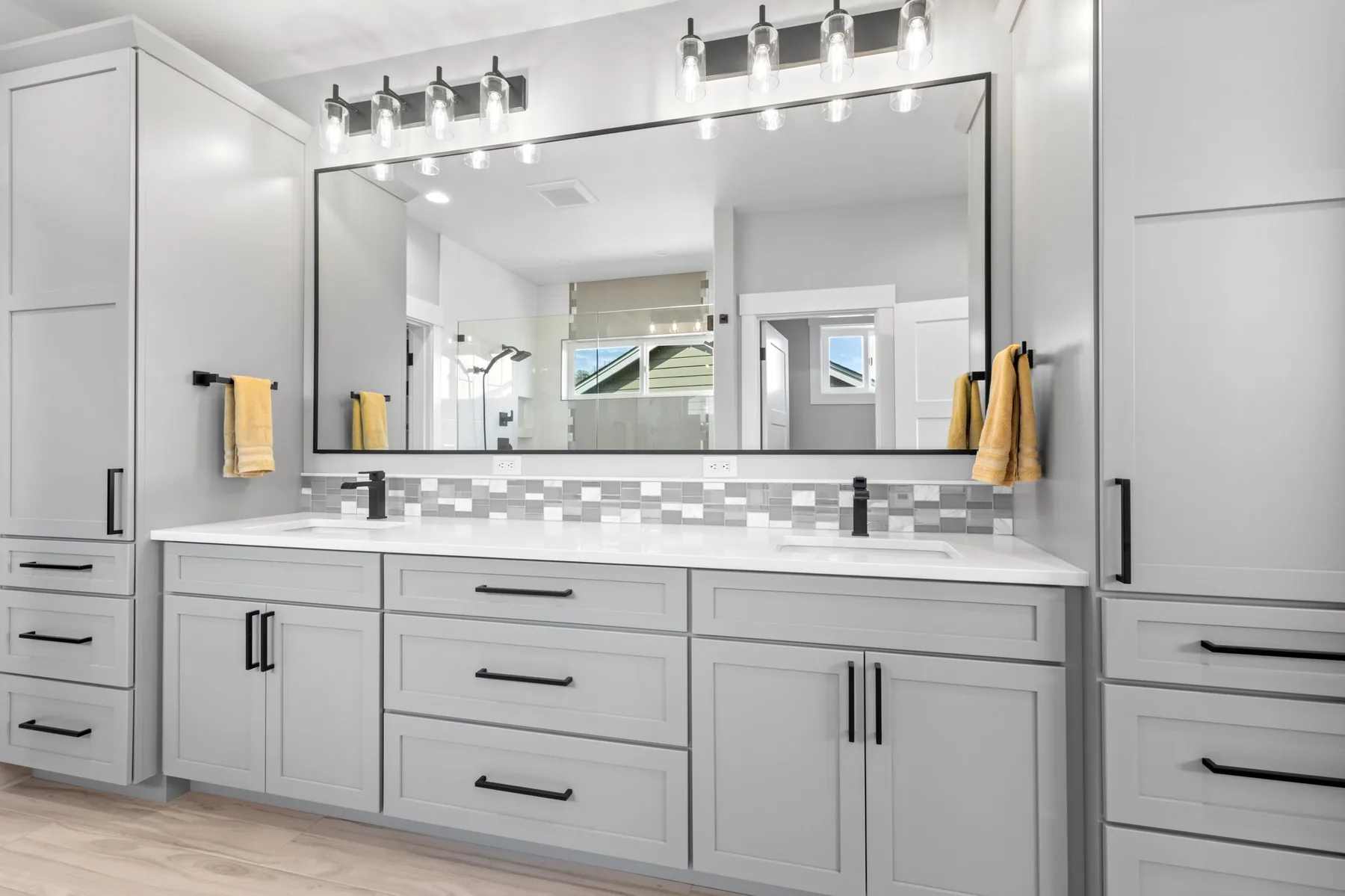 Cabinet and countertop detail in a finished bathroom
